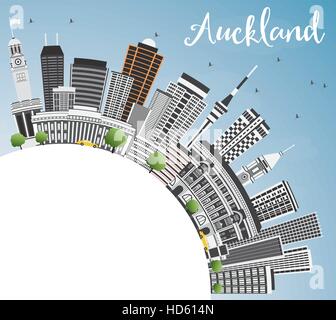 Auckland Skyline mit grauen Gebäuden, blauer Himmel und Textfreiraum. Vektor-Illustration. Geschäftsreisen und Tourismus-Konzept mit moderner Architektur. Stock Vektor