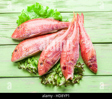 Rote Meerbarben auf dem Holzbrett. Stockfoto