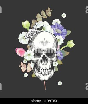 Lächelnd Schädel und Blumen Day of The Dead, schwarze Mode-Illustration. Vektor. Stock Vektor