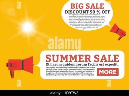 Flache Lautsprecher oder Megaphon mit Pop-Ankündigung Blase. Stock Vektor