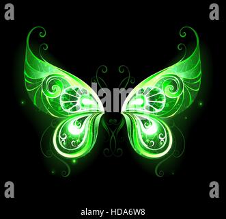 Gemustert, grün, glühende Feenflügel auf einem schwarzen Hintergrund. Magisches Symbol. Feenflügel. Stock Vektor