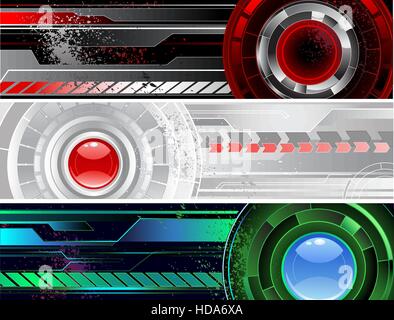 drei horizontale Banner mit dem abstrakten Mechanismus, auf einem schwarzen und grauen Hintergrund. Stock Vektor