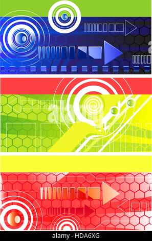 Drei horizontale Technologie Banner mit rot, dunkel blau-grünen Hintergrund, mit einem zellulären Muster, Symbole und Pfeile abstrakte Kreisen. Stock Vektor