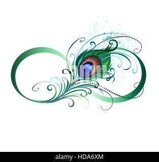 Das Symbol der Unendlichkeit mit einer hellen, grün, künstlerische Pfauenfeder auf weißem Hintergrund. Tattoo-Stil. Stock Vektor