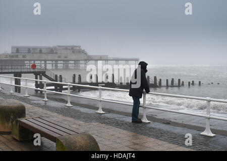 Aberystwyth Wales UK, Samstag, 10. Dezember 2016 UK Wetter: ein Mann starrt auf das Meer auf einem grauen, trüben nassen und windigen Ausklang des Tages in Aberystwyth auf West Wales Küste Photo Credit: Keith Morris / Alamy Live News Stockfoto