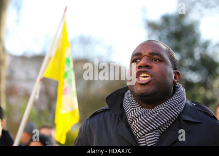 Türkische Botschaft, London, UK 11. Dezember 2016 - David Lammy MP für Tottenham spricht auf der Kundgebung. Hunderte von kurdischen Demonstranten und ihre Unterstützer außerhalb der türkischen Botschaft in London gegen die türkische Regierung Unterdrückung auf die Kurden zu demonstrieren und fordern die Freilassung von zwei verbundenen Führer der Türkei pro-kurdische demokratische Partei (HDP) und m/s und politischen Gefangenen in der Türkei. Bildnachweis: Dinendra Haria/Alamy Live-Nachrichten Stockfoto
