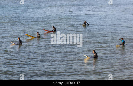 Bournemouth, Dorset, UK 11. Dezember 2016. Geduldig warten Surfer, die Wellen an einem schönen sonnigen Tag in Bournemouth beach im Dezember Credit: Carolyn Jenkins/Alamy Live News Stockfoto