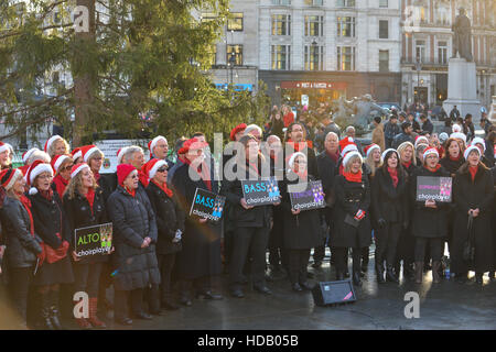 Trafalgar Square, London, UK. 11. Dezember 2016. Mitglieder des Chores, die die Choirplayer-app verwendet, um zu singen, lernen führen Sie Weihnachtslieder auf dem Trafalgar Square. Bildnachweis: Matthew Chattle/Alamy Live-Nachrichten Stockfoto