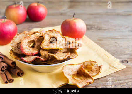 Bio Apfel-Zimt-Chips in die Schüssel - gesunde vegane Vegetarier Frucht Snack oder Zutat zum Kochen Stockfoto