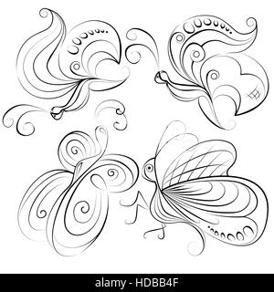 Illustration - vier verschiedene Schmetterlinge ohne eine Füllfarbe auf weißem Hintergrund Stockfoto