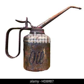 Eine isolierte Vintage Grunge Rusty Ölkanne mit Text Stockfoto