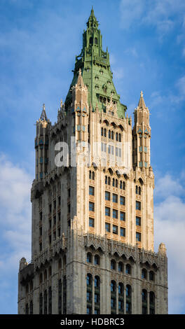 Woolworth Building, neugotische Architektur mit Terra Cotta Ornament und Kupfer Dach. Lower Manhattan, New York City Stockfoto