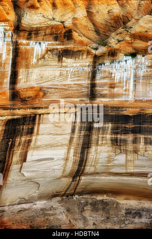 Sliding House Ruinen bleiben an der Basis der bunten Wüstenlack Wände in Arizonas Canyon de Chelly National Monument. Stockfoto