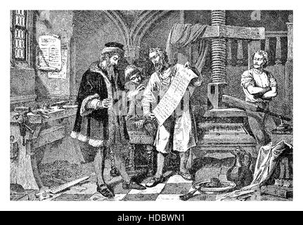 Johannes Gutenberg ist der erste europäische Verleger in seiner Druckwerkstatt. Gutenberg (1398–1468) war ein deutscher Erfinder aus Mainz, der den Druck in Europa mit dem mechanisch beweglichen Schriftdruck einführte Stockfoto