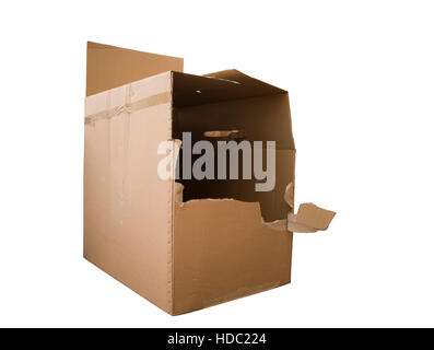 Karton box gerissen-Up isoliert auf weiss. Stockfoto