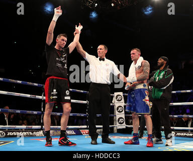 Callum Smith feiert gegen Luke Blackledge nach ihrer britischen Super-Mittelgewicht Meisterschaft Kampf in der Arena in Manchester. Stockfoto