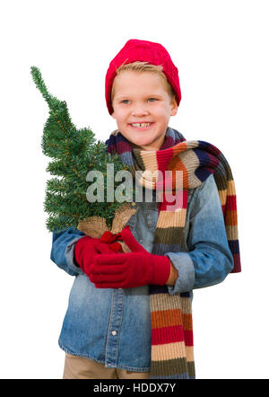 Junge, tragen, Handschuhe und Schal mit Weihnachtsbaum, Isolated on White Background. Stockfoto