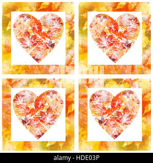 Nahtlose, Herzen aus Blättern, Aquarell Stockfoto