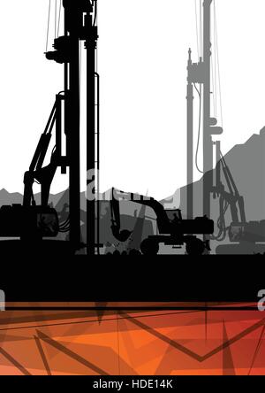 Bau Website Bagger Traktoren hydraulische Haufen Bohr Maschinen und Arbeiter graben im Industriebau Website abstrakte Vektor Hintergrund ich Stock Vektor