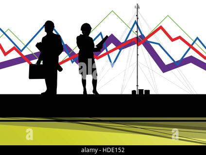 Wirtschaft Daten Diagramm und Ingenieure Silhouetten und Handy Telekommunikation Radio Turm Basisstation mit abstrakten Hintergrund Vektor Fittings Stock Vektor