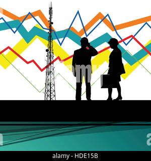 Wirtschaft Daten Diagramm und Ingenieure Silhouetten und Handy Telekommunikation Radio Turm Basisstation mit abstrakten Hintergrund Vektor Fittings Stock Vektor