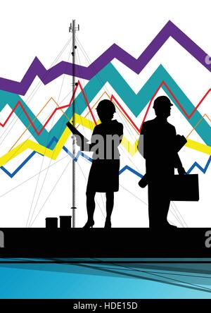 Wirtschaft Daten Diagramm und Ingenieure Silhouetten und Handy Telekommunikation Radio Turm Basisstation mit abstrakten Hintergrund Vektor Fittings Stock Vektor