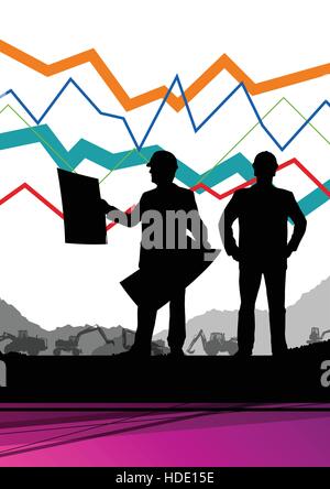 Wirtschaft Daten Diagramm und Ingenieure Silhouetten und Handy Telekommunikation Radio Turm Basisstation mit abstrakten Hintergrund Vektor Fittings Stock Vektor