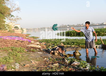 Eine indische Wäscher eine lokale Wäsche waschen von Kleidung am Ufer eines Sees in Muzaffarpur, Indien. Stockfoto