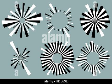 Satz 6 radiale Linien, Strahlen, Strahlen Elemente. Verschiedenen Starburst, Sunburst Formen mit unregelmäßigen Linien Stock Vektor