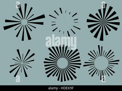 Satz 6 radiale Linien, Strahlen, Strahlen Elemente. Verschiedenen Starburst, Sunburst Formen mit unregelmäßigen Linien Stock Vektor