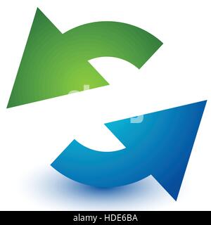 Zwei Pfeile im Kreis. Kreisförmige Pfeile. Recycling, Schleife oder Zyklus-Symbol, Symbol in grün und blau Stock Vektor