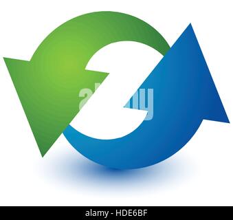 Zwei Pfeile im Kreis. Kreisförmige Pfeile. Recycling, Schleife oder Zyklus-Symbol, Symbol in grün und blau Stock Vektor