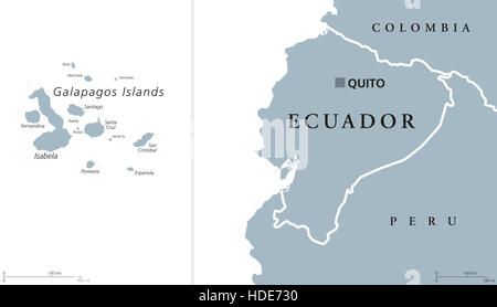 Politische Karte Hauptstadt Quito Ecuador und die Galapagos-Inseln im Pazifischen Ozean. Republik in Südamerika. Stockfoto