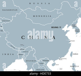 China Landkarte mit Hauptstadt Peking und nationale Grenzen hinweg. Volksrepublik in Ostasien. Mit Shanghai, Hong Kong und Macau Stockfoto