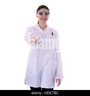 Assistentin-Wissenschaftler im weißen Kittel über isolierte Hintergrund Stockfoto