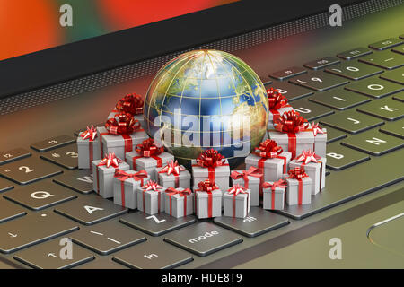 Geschenk-Lieferung und globalen Online-shopping-Konzept, Erde mit Geschenk-Boxen auf dem Laptop. 3D-Rendering Stockfoto