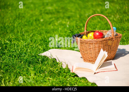 Picknickset auf die Decke auf den Rasen-Nahaufnahme Stockfoto