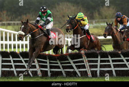 Dawerann geritten von Cian Collins springt das letzte um die Folgen Sie uns auf Facebook und Twitter Handicap Hurdle, während John Durkan Chase Gedenktag in Punchestown Raceocurse, Naas, County Kildare zu gewinnen. Stockfoto