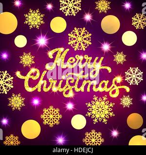 Frohe Weihnachten Hand Schriftzug Inschrift auf Xmas Muster Hintergrund mit goldenen Ringen und Schneeflocken auf violettem Hintergrund. Winter-Typografie design fo Stock Vektor