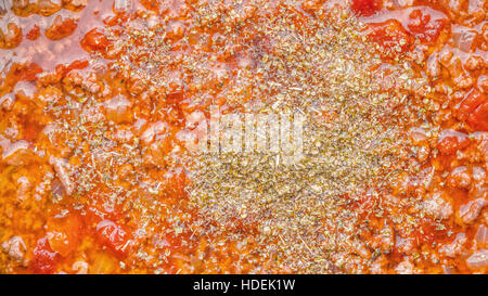 Fleisch mit Gewürzen und Tomaten-Hintergrund-Nahaufnahme-Eintopf Stockfoto