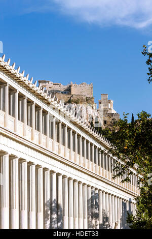 Teilansicht der Stoa des Attalos, in der Agora von Athen. Es wurde ursprünglich von König Attalos, im 2. Jh. v. Chr. gebaut. Stockfoto