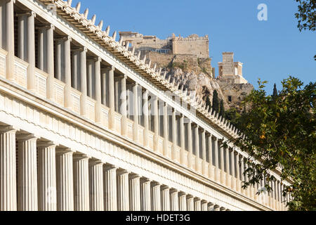 Teilansicht der Stoa des Attalos, in der Agora von Athen. Es wurde ursprünglich von König Attalos, im 2. Jh. v. Chr. gebaut. Stockfoto