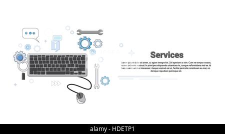 Computer Technik technische Service Business Konzept Banner dünne Linie Vektor-Illustration Stock Vektor