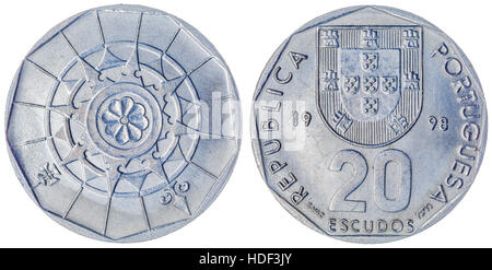 Kupfer-Nickel 20 Escudos 1991 Münze isoliert auf weißem Hintergrund, Portugal Stockfoto