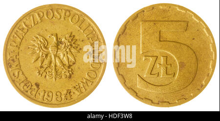 Messing 5 Zloty 1984 Münze isoliert auf weißem Hintergrund, Polen Stockfoto