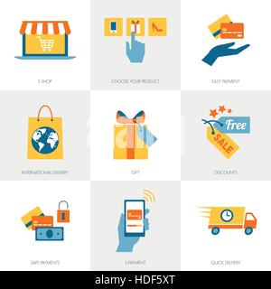 E-Commerce, Einkaufs- und Lieferservice Konzepte, Business Icons set Stock Vektor