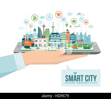 Hand mit einem digital-Tablette mit einem zeitgenössischen intelligente Stadt und apps Icons: augmented Reality und Internet der Dinge-Konzept Stock Vektor