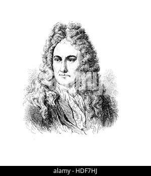 Porträt von Gottfried Wilhelm von Leibniz (1. Juli 1646 - 14. November 1716), deutscher Philosoph, Mathematiker und Physiker, Entwickler des Differentials und Integralrechnung und Schöpfer der binäre Zahlensystem, die Grundlage für praktisch alle digitalen Computer ist Stockfoto