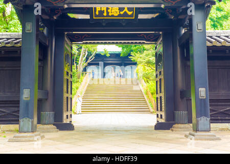 Treppen durch offene Eingangstür zu historischen Yushima Seido, ein konfuzianischer Tempel in Tokio zu sehen. Horizontale Stockfoto