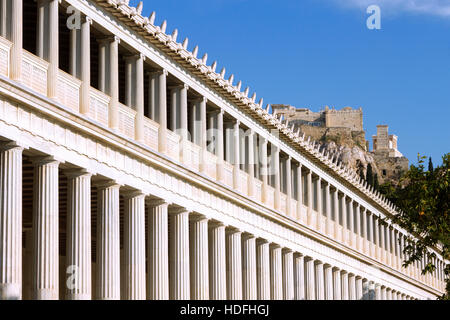 Teilansicht der Stoa des Attalos, in der Agora von Athen. Es wurde ursprünglich von König Attalos, im 2. Jh. v. Chr. gebaut. Stockfoto